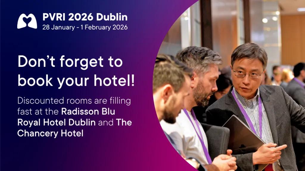 Promotional banner for PVRI 2026 Dublin, 28 January – 1 February 2026, reminding delegates to book their hotel. Text reads ‘Don’t forget to book your hotel! Discounted rooms are filling fast at the Radisson Blu Royal Hotel Dublin and The Chancery Hotel.’ The image shows conference attendees talking together.